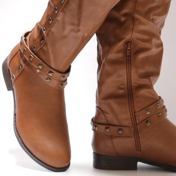 New Tan Studded Knee High Riding Boots - Picture 4 of 4